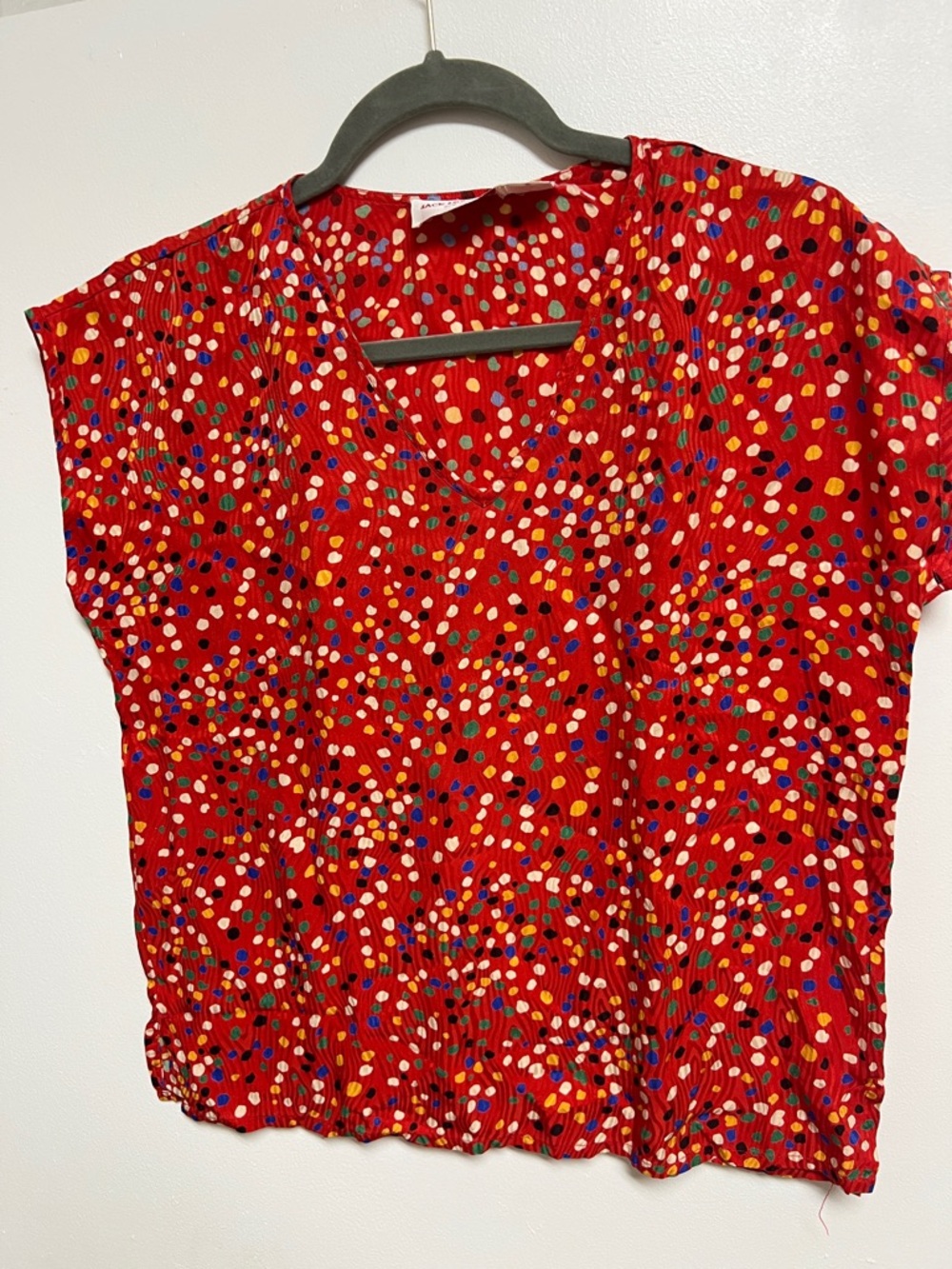 Vintage Jack Mulqueen Silk Red Polka Dot V-Neck Blouse Colorful Dot Print Small